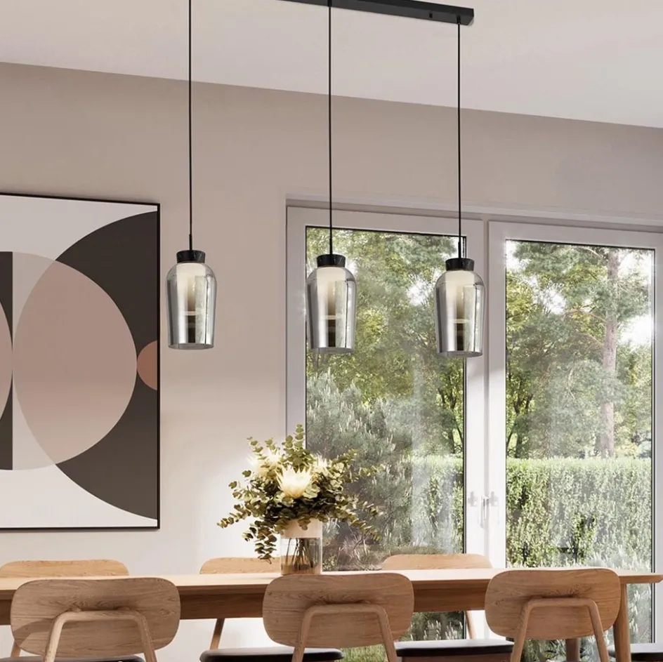 3-Lichts hanglamp balk zwart/marmer met smoke glas>Straluma New