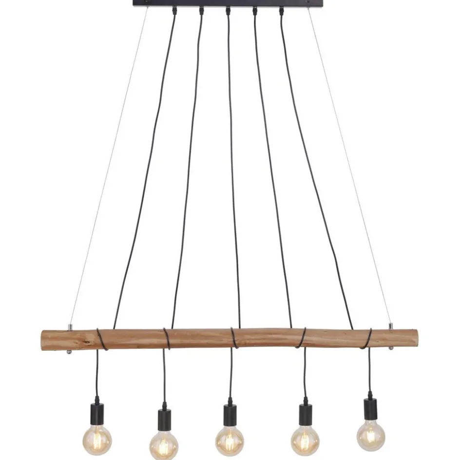 5-Lichts hanglamp houten balk met zwarte pendels>Straluma Outlet