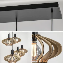 5-Lichts hanglamp zwart met naturel houten kappen><noscript><img width=
