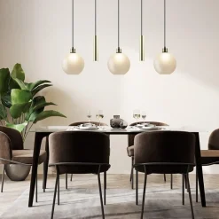 5-Lichts hanglamp zwart-goud met opaal glas><noscript><img width=