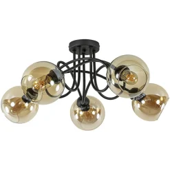 5-Lichts klassieke plafondlamp zwart met amber glazen bollen>Straluma Online