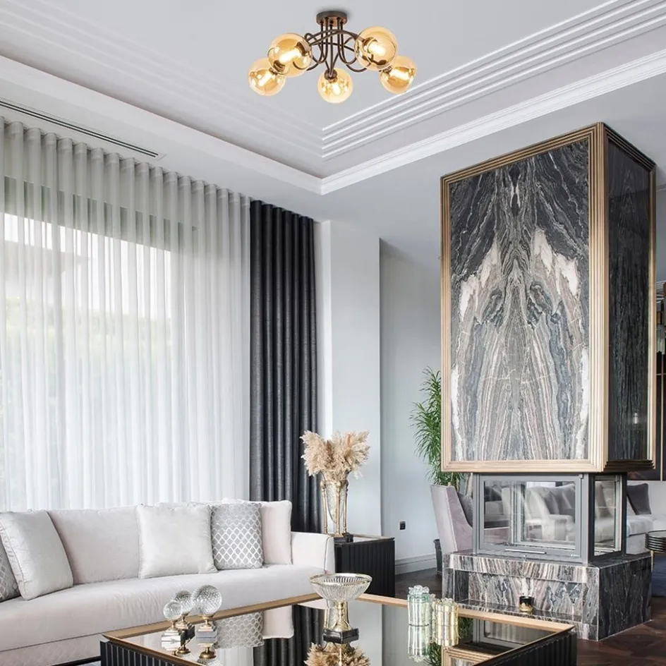 5-Lichts klassieke plafondlamp zwart met amber glazen bollen>Straluma Online