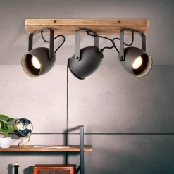 3-Lichts opbouwspot mat zwart met hout><noscript><img width=
