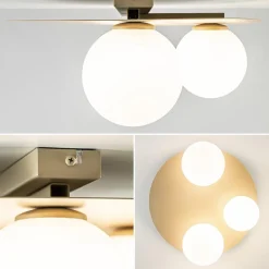3-Lichts plafondlamp mat goud met witte bollen><noscript><img width=