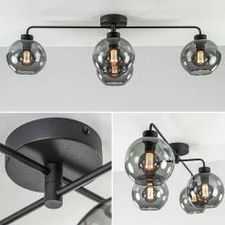 4-Lichts plafondlamp zwart met smoke glazen bollen><noscript><img width=