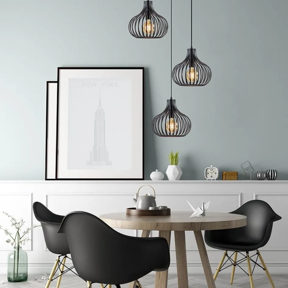 3-Lichts ronde hanglamp met zwarte draadkappen>Straluma Discount