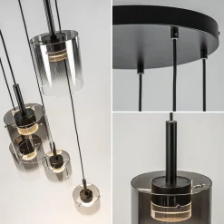 5-Lichts ronde hanglamp zwart met titanium/helder glas><noscript><img width=