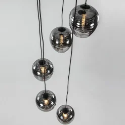 5-Lichts ronde hanglamp zwart met smokey glas><noscript><img width=