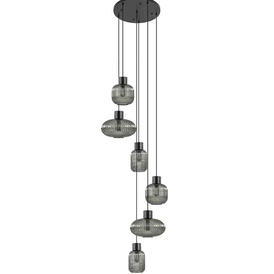 6-Lichts vide hanglamp smoke glas met zwarte details>Straluma New