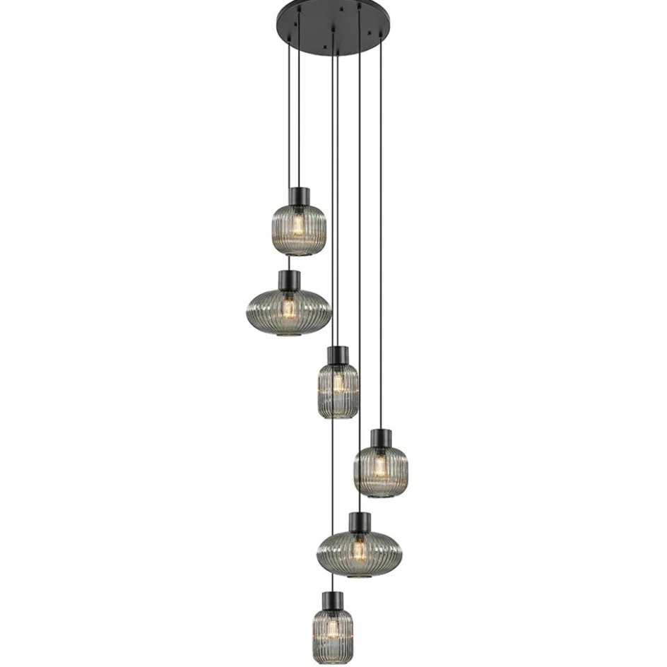 6-Lichts vide hanglamp smoke glas met zwarte details>Straluma New