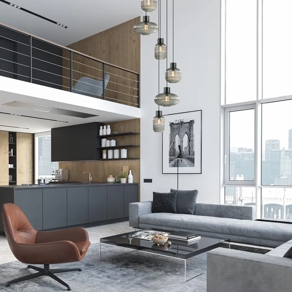 6-Lichts vide hanglamp smoke glas met zwarte details>Straluma New