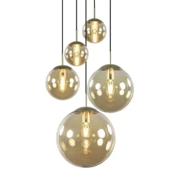 Luxe 5-lichts videlamp messing met amber glazen bollen>Straluma Clearance