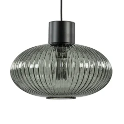 Mat zwarte hanglamp met geribbeld smoke glas ovaal>Straluma Sale
