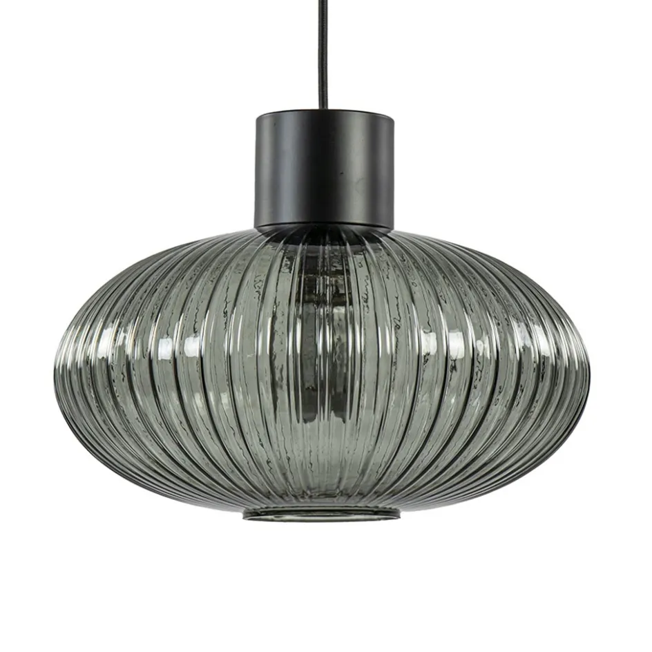 Mat zwarte hanglamp met geribbeld smoke glas ovaal>Straluma Sale