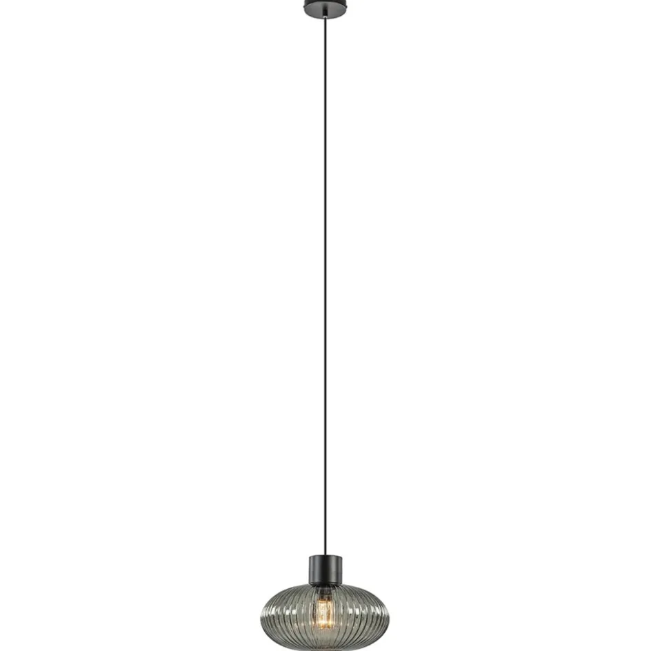 Mat zwarte hanglamp met geribbeld smoke glas ovaal>Straluma Sale