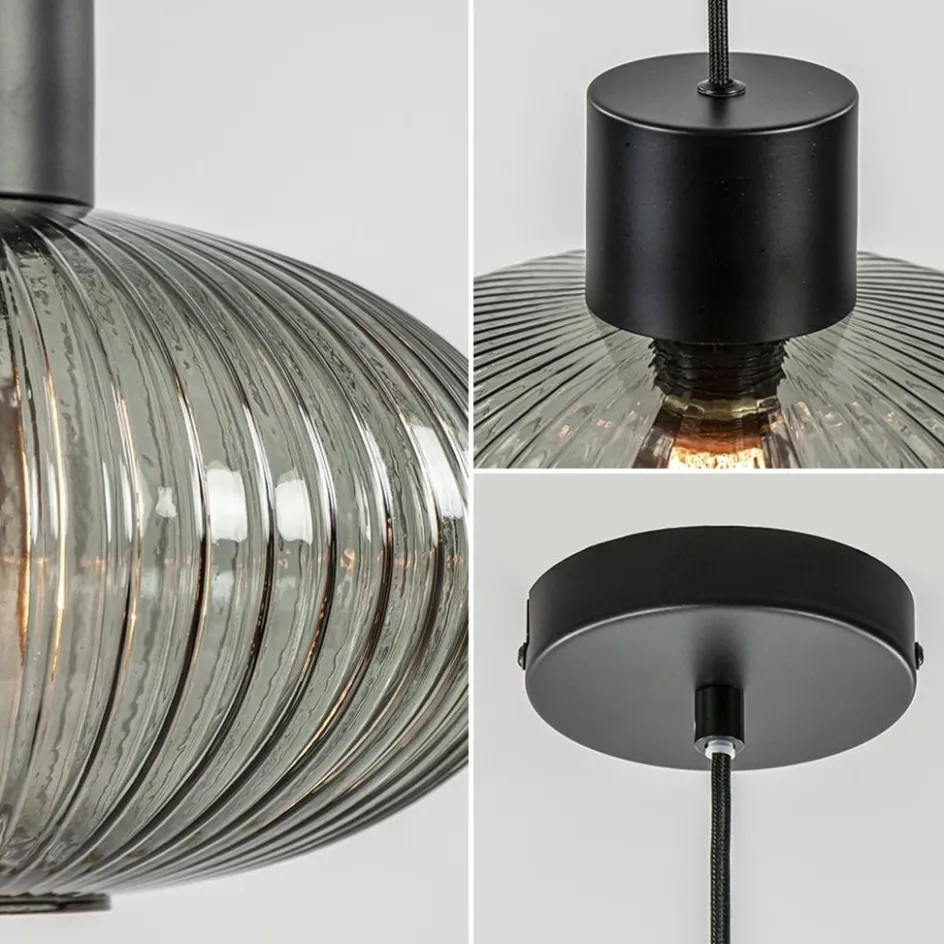 Mat zwarte hanglamp met geribbeld smoke glas ovaal>Straluma Sale