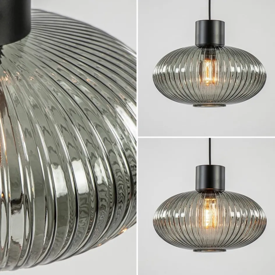 Mat zwarte hanglamp met geribbeld smoke glas ovaal>Straluma Sale