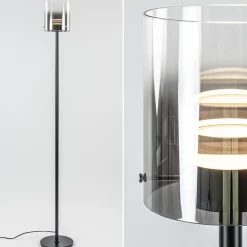 Mat zwarte LED vloerlamp met glazen kap helder/titanium>Straluma Best