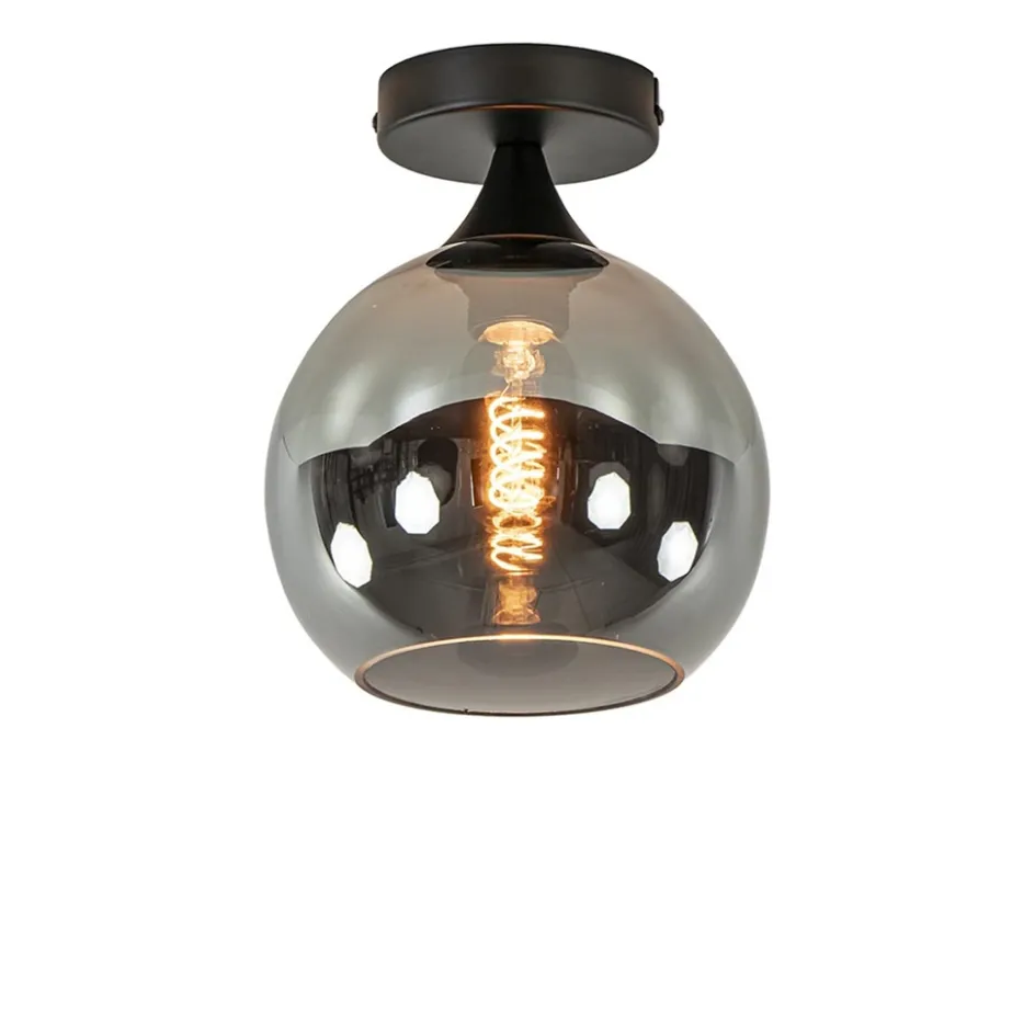 Mat zwarte plafondlamp met smoke glazen bol klein>Straluma Clearance