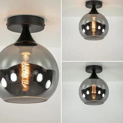 Mat zwarte plafondlamp met smoke glazen bol klein><noscript><img width=