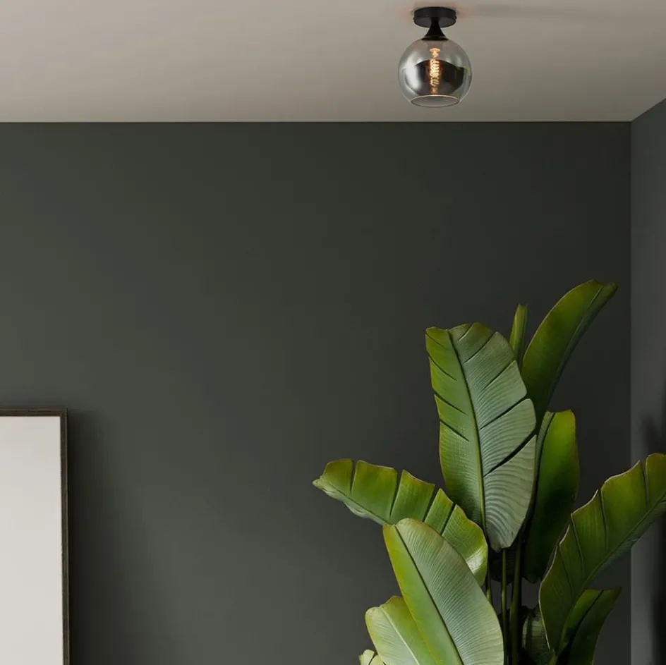 Mat zwarte plafondlamp met smoke glazen bol klein>Straluma Clearance