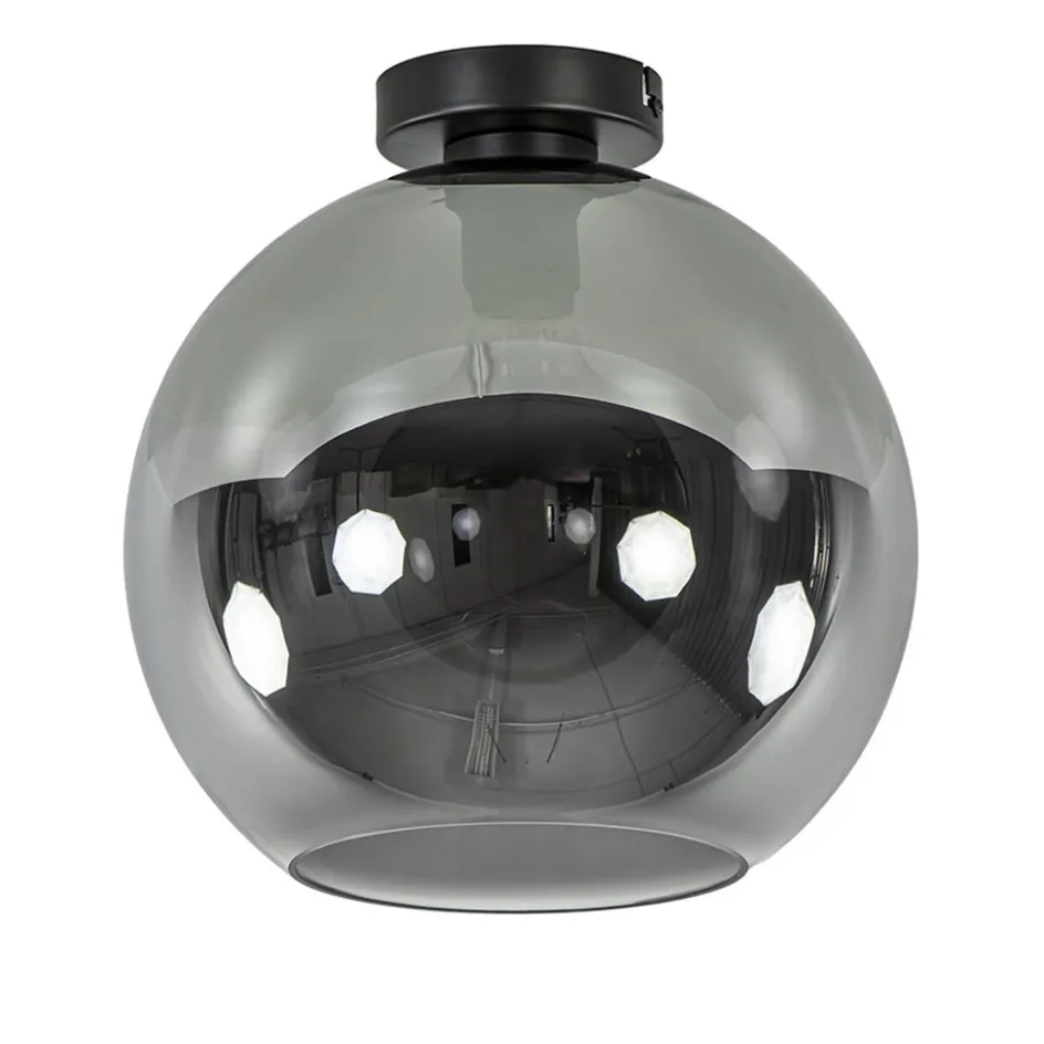 Mat zwarte plafondlamp met smoke glazen bol 30 cm>Straluma New