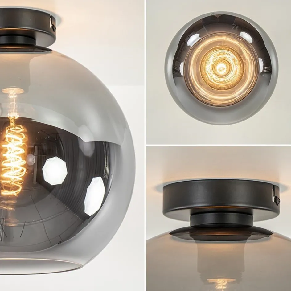 Mat zwarte plafondlamp met smoke glazen bol 30 cm>Straluma New