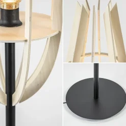 Mat zwarte vloerlamp met houten kap naturel><noscript><img width=