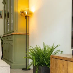 Mat zwarte vloerlamp met glazen kap helder/goud><noscript><img width=