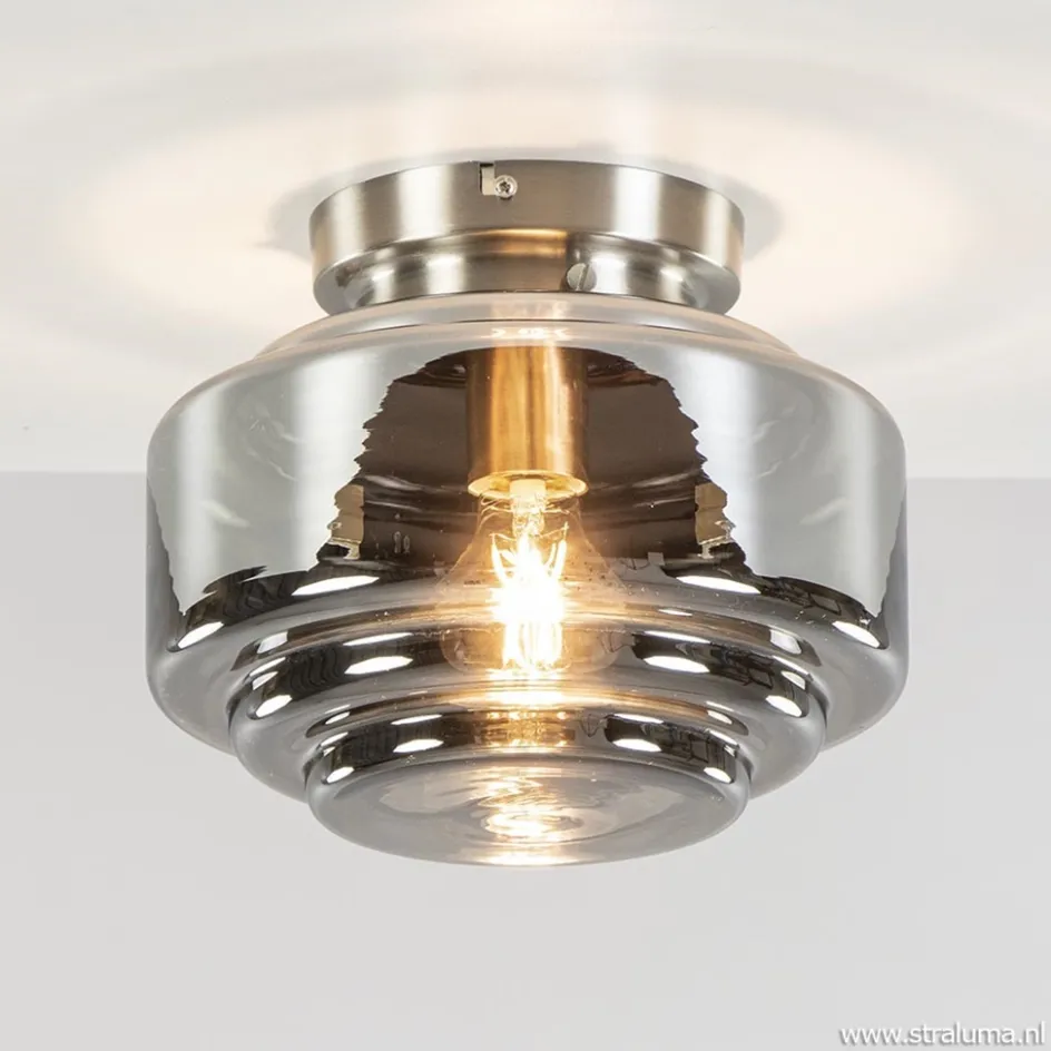 Moderne plafondlamp nikkel met smokey glas>Straluma New