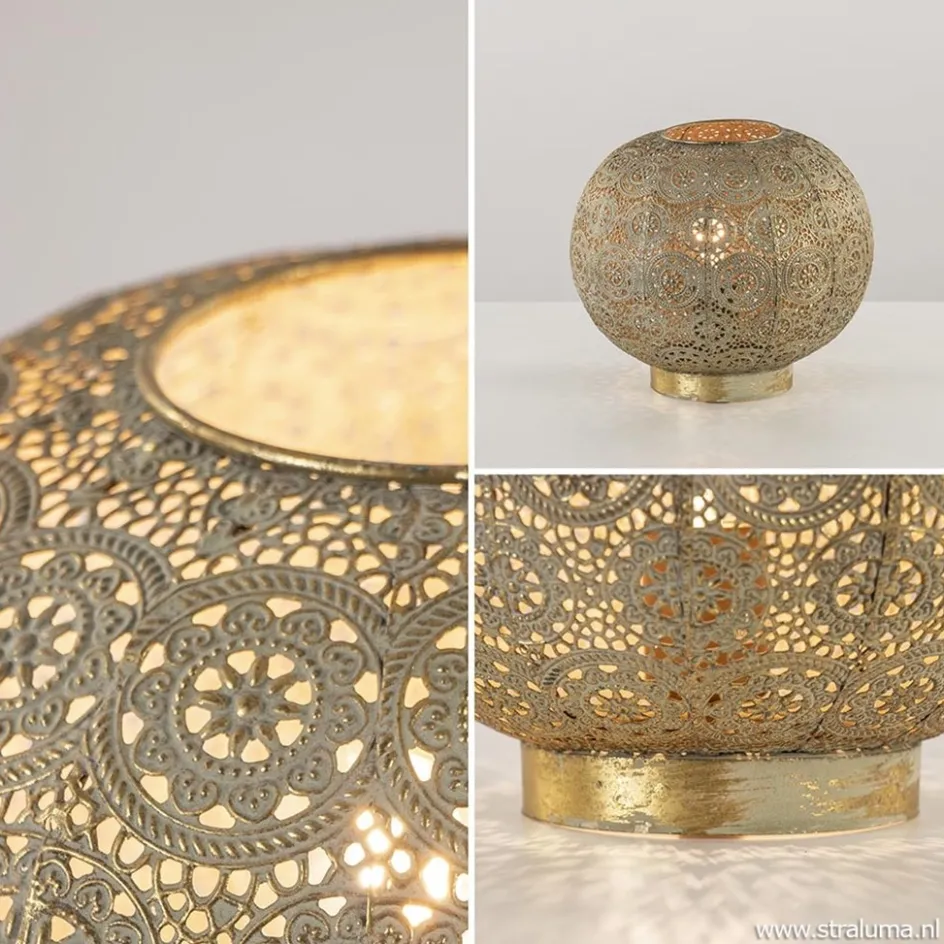 Oosterse tafellamp rond antiek messing>Straluma New