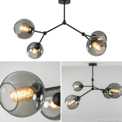 Plafondlamp 4-armen zwart+smoke bolglas>Straluma Outlet