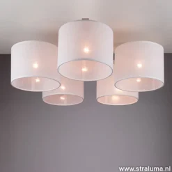 Plafondlamp 5-lichts hout/cilinderkap wit><noscript><img width=