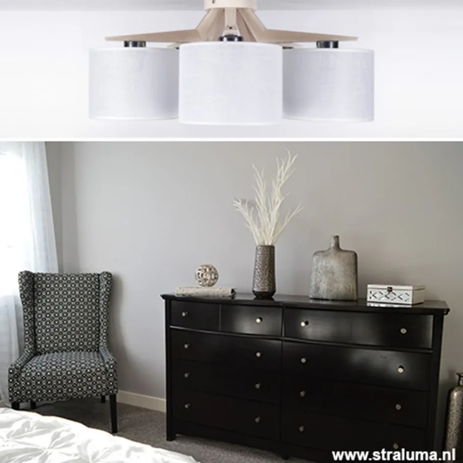 Plafondlamp 5-lichts hout/cilinderkap wit>Straluma New