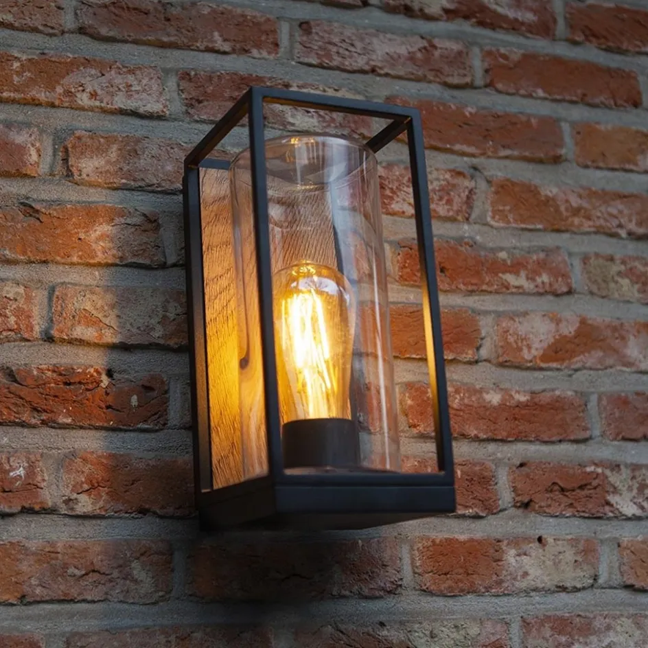 Rechthoekige buitenlamp zwart met houtlook en glas>Straluma Online
