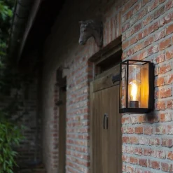 Rechthoekige buitenlamp zwart met houtlook en glas><noscript><img width=