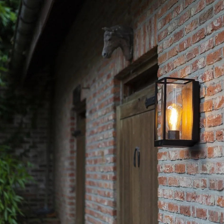 Rechthoekige buitenlamp zwart met houtlook en glas>Straluma Online