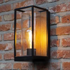 Rechthoekige buitenlamp zwart met houtlook en glas><noscript><img width=