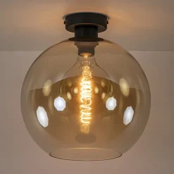 Retro plafondlamp zwart met amber glazen bol><noscript><img width=