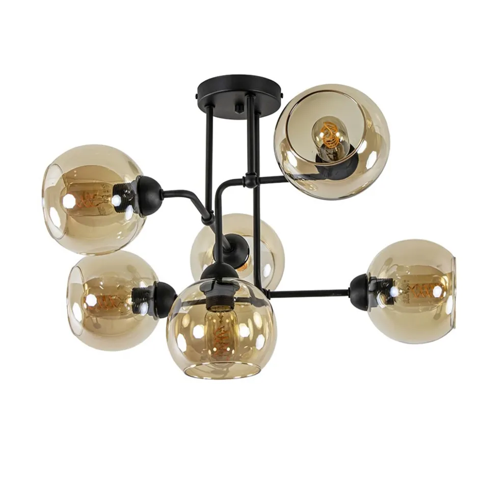 Retro plafondlamp zwart met amber glas 6-lichts>Straluma Clearance