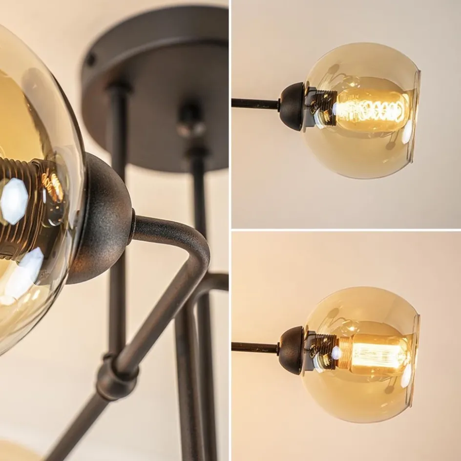 Retro plafondlamp zwart met amber glas 6-lichts>Straluma Clearance