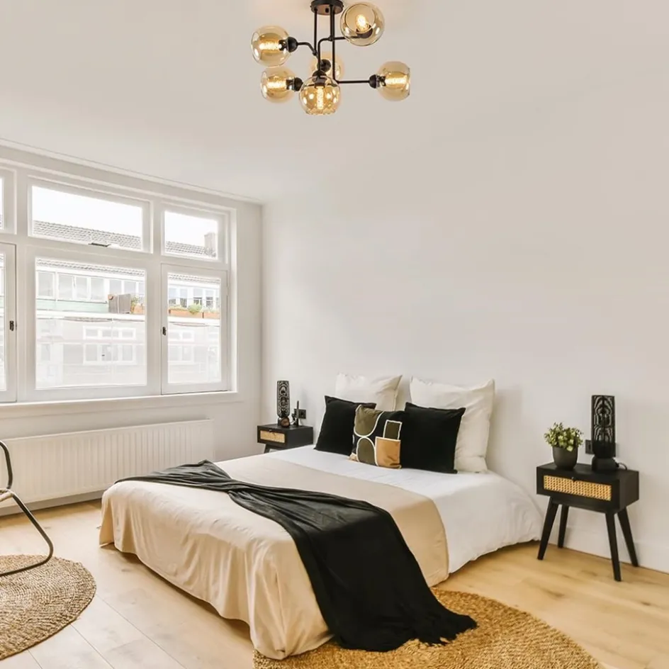 Retro plafondlamp zwart met amber glas 6-lichts>Straluma Clearance