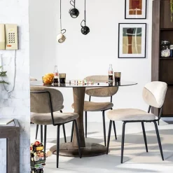 Ronde eetkamertafel bruin glas met mango houten poot><noscript><img width=