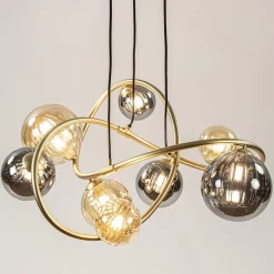 Ronde hanglamp goud met amber en smoke glas><noscript><img width=