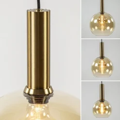 Ronde hanglamp zwart/goud met amber glas><noscript><img width=