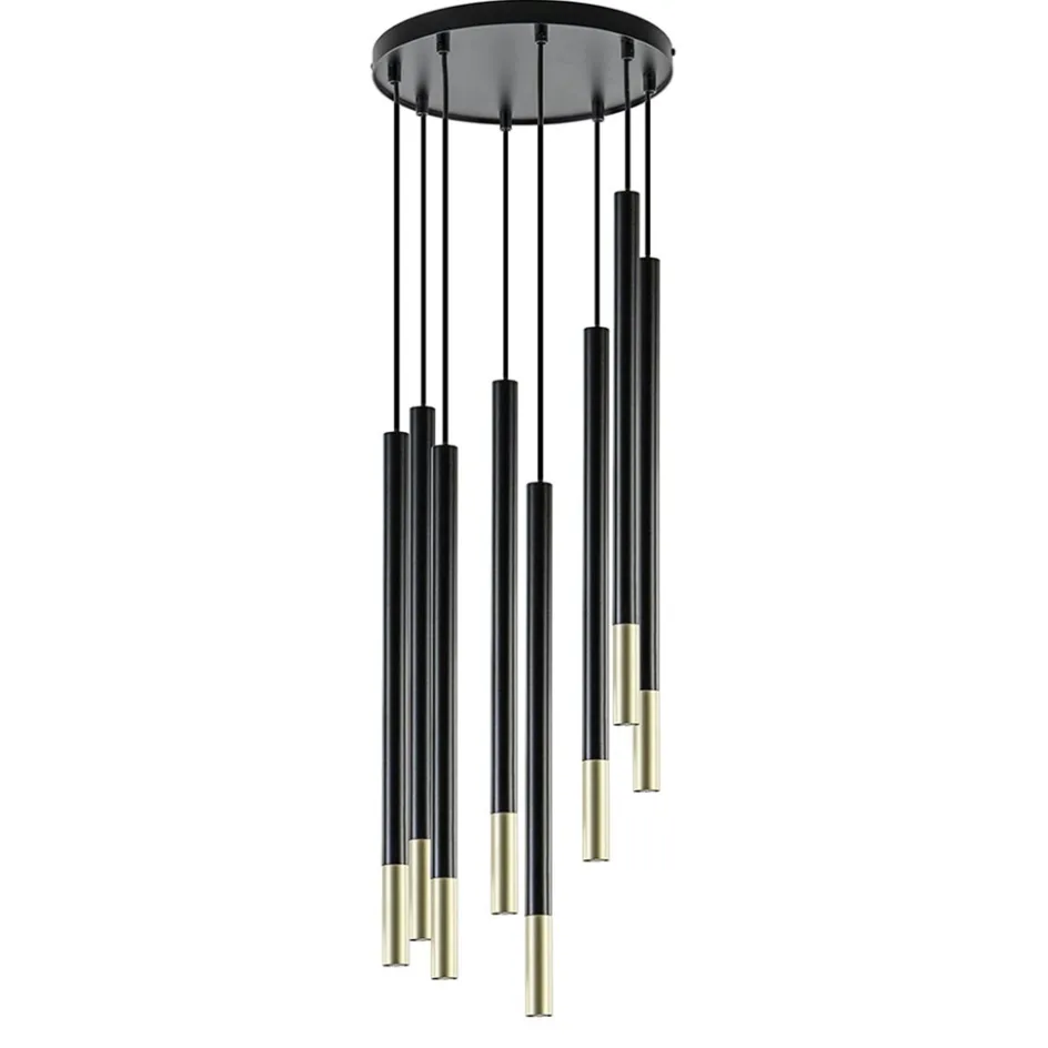 Ronde 8-lichts hanglamp cilinders zwart goud>Straluma Online