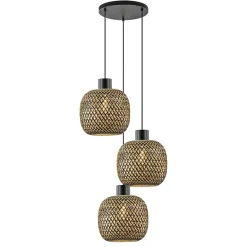 Ronde 3-lichts hanglamp zwart met bamboe kappen>Straluma