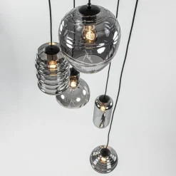 Ronde 5-lichts hanglamp zwart met diverse smoke glazen><noscript><img width=