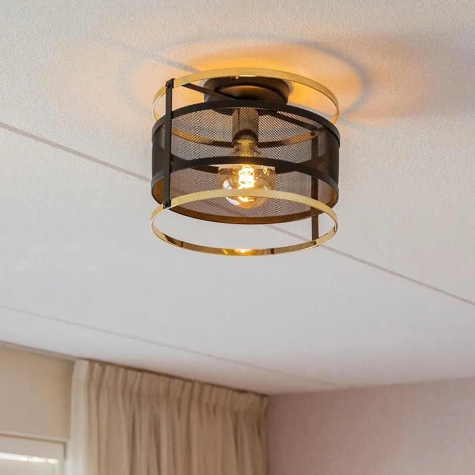 Ronde plafondlamp gaas mat zwart met hoogglans goud>Straluma Discount