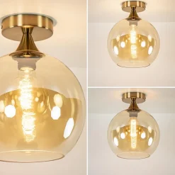 Ronde plafondlamp goud met amber glas><noscript><img width=